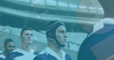 Çeşitli ragbi oyuncularının istatistik ve veri işleme görüntüleri. Küresel spor, veri işleme ve dijital olarak üretilen görüntü rekabet kavramı.