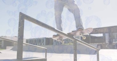 Kafkas kaykayının üzerindeki baloncuklar. küresel spor ve dijital arayüz kavramı dijital olarak oluşturulmuş görüntü.