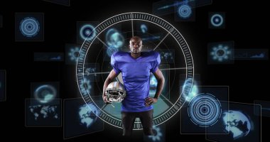 Siyah arka planda tarama yapan Afrikalı Amerikalı erkek rugby oyuncusu