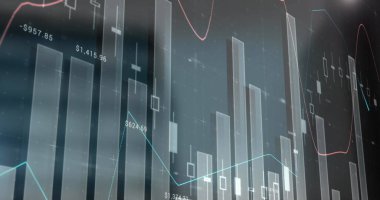 Şehrin üzerinde hareket eden finansal grafiklerin resmi. Küresel ticaret, finans ve ekonomi kavramı dijital olarak üretilen imaj.