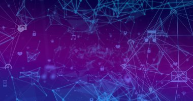Mavi ve pembe arkaplandaki simgelerle bağlantı ağının görüntüleri. Küresel veri işleme ve bağlantı konsepti dijital resim oluşturuldu.