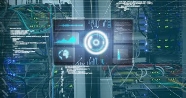 Bilgisayar sunucusu üzerinden tarama ve veri işleme görüntüsü. dijital arayüz, küresel teknoloji, bağlantı ve iletişim konsepti dijital olarak oluşturulmuş görüntü.