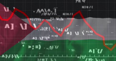 Filistin bayrağı üzerinde kırmızı çizgi ve finansal veri işleme görüntüsü. Filistin İsrail çakışması, finans, iş ve veri işleme kavramı dijital olarak oluşturulmuş görüntü.