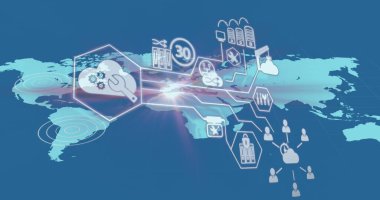 Dijital simgelerle dijital arayüz mavi arkaplandaki dünya haritasında titreşen dairelere karşı. küresel ağ ve teknoloji kavramı