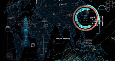 Dünya haritasında kara arkaplana karşı veri işleme arayüzünün dijital görüntüsü. Bilgisayar arayüzü ve iş teknolojisi kavramı