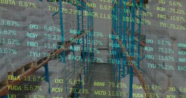 Borsa görüntüsü ve boş depo üzerinden finansal veri işleme. küresel sevkiyat, dağıtım ve bağlantılar konsepti dijital olarak oluşturuldu.