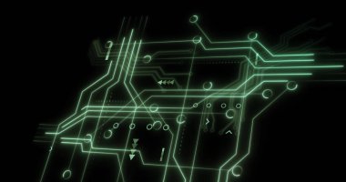 Dalgalı ışıklar ve siyah arkaplanda entegre devre. Ağ, bağlantılar ve teknoloji konsepti dijital olarak oluşturuldu.