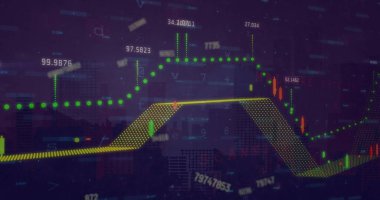 Şehir manzarası üzerinde finansal veri işleme resmi. küresel finansman, bilgisayar ve dijital arayüz kavramı dijital olarak oluşturulmuş görüntü.