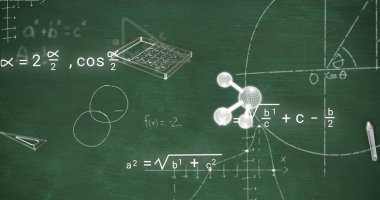 Yeşil arkaplandaki matematiksel denklemlerin üzerindeki simgelerin görüntüsü. Eğitim, öğrenme, bilgi, bilim ve dijital arayüz kavramı dijital olarak oluşturulmuş görüntü.