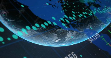 Dünya haritası ve finansal veri işleme sistemi. Küresel hesaplama, dijital arayüz ve veri işleme kavramı dijital olarak oluşturuldu.