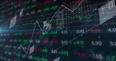 Siyah arkaplan üzerinden finansal veri işleme resmi. küresel iş, finans ve dijital arayüz kavramı dijital olarak oluşturulmuş görüntü.