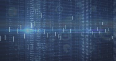 Gri zemin üzerinde mavi ışık bulunan grafik ve veri işleme resmi. Küresel iletişim, iş, veri ve dijital arayüz kavramı dijital olarak oluşturulmuş görüntü.