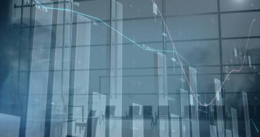 İstatistiksel veri işlemenin birleşik görüntüsüyle ofiste yürüyen insanların zaman atlaması. iş ve teknoloji kavramı