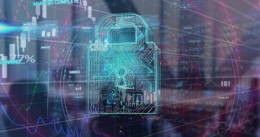 Şehrin üzerindeki veri işleme ve asma kilit görüntüsü. Küresel iş ve dijital arayüz kavramı dijital olarak oluşturulmuş görüntü.