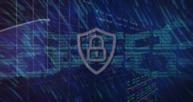 Mavi arka plandaki veri işlemesine karşı güvenlik asma kilidi ve zincir simgesi üzerinde ışık izleri. Siber güvenlik ve iş teknolojisi kavramı