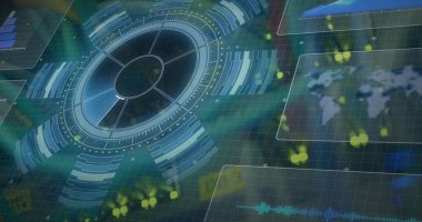 Veri işleme ve yuvarlak tarayıcıyla bir bilgisayar sunucusuna yakın arayüz görüntüsü. Bilgisayar arayüzü ve iş veri depolama teknolojisi kavramı