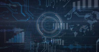 Kapsam görüntüsü, anakart üzerinde veri işleme. Küresel veri işleme ve çevrimiçi güvenlik kavramı dijital olarak oluşturuldu.