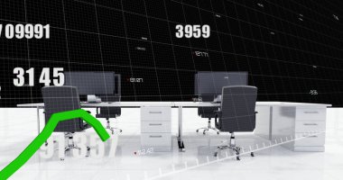 Veri işleme üzerinde ofis resmi. Küresel iş ve dijital arayüz kavramı dijital olarak oluşturulmuş görüntü.