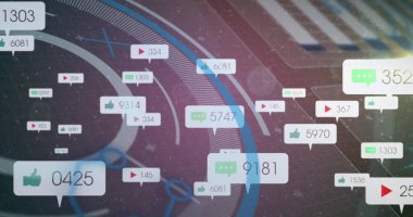 Kapsam ve veri işleme üzerindeki afişler üzerindeki sosyal medya simgelerinin resmi. küresel çevrimiçi iletişim, dijital arayüz ve dijital olarak oluşturulmuş görüntü konsepti.