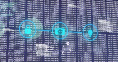 Simgelerin ve veri işlemenin resmi. Küresel iş, finans, bilgisayar ve veri işleme kavramı dijital olarak oluşturulmuş görüntü.