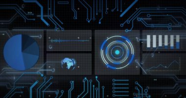 Siyah arkaplanda tarama yapan veri işleme resmi. Küresel teknoloji, bilgisayar ve dijital arayüz kavramı dijital olarak oluşturulmuş görüntü.