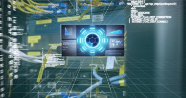 Küre ve bağlantı ağlı metin görüntüsü. Dijital arayüz teknolojisi ve ağ konsepti dijital olarak oluşturuldu.