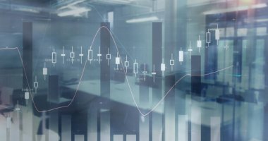 Ofiste yürüyen iş adamlarının finansal veri işleme görüntüsü. küresel finans, iş ve dijital arayüz kavramı dijital olarak oluşturulmuş görüntü.