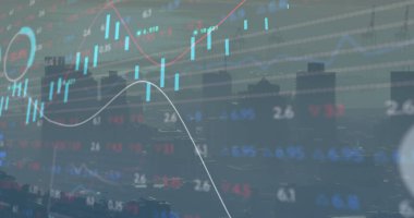 Şehir manzarası üzerindeki finansal grafiklerin ve verilerin resmi. Küresel finans, ekonomi ve iş konsepti dijital olarak oluşturulmuş imaj.