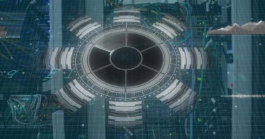 Veri işleme ve yuvarlak tarayıcıyla bir bilgisayar sunucusuna yakın arayüz görüntüsü. Bilgisayar arayüzü ve iş veri depolama teknolojisi kavramı