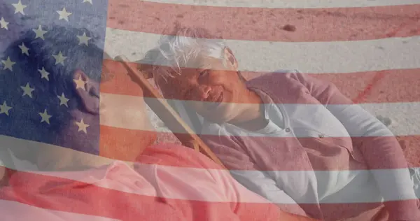 Image Flag United States America Senior Biracial Couple Deckchairs Beach — Stock Photo, Image