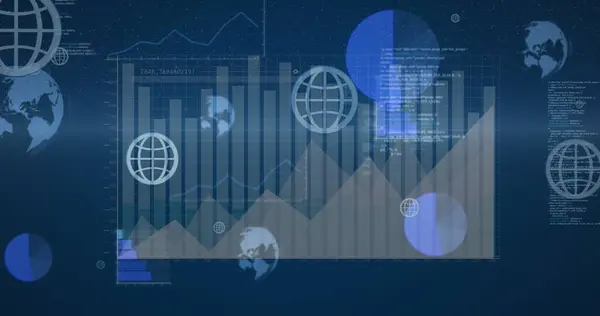 Image of statistics with globes and icons over blue background. Global business, finance and data processing concept digitally generated image.