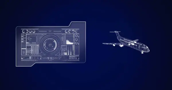 Bild Flygplansritning Med Skanning Och Databehandling Global Flygindustri Teknik Databehandling — Stockfoto