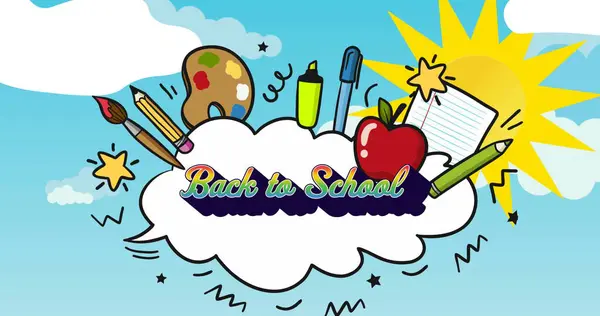 Image of back to school text in rainbow letters over school accessories, sun with clouds on sky. education, knowledge and learning concept digitally generated image.