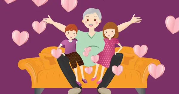 Image Grandmother Grandchildren Purple Background Hearts Family Adoption Concept Digitally — Stock Photo, Image