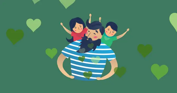 Image Caucasian Father Daughter Son Green Background Hearts Family Adoption — Stock Photo, Image