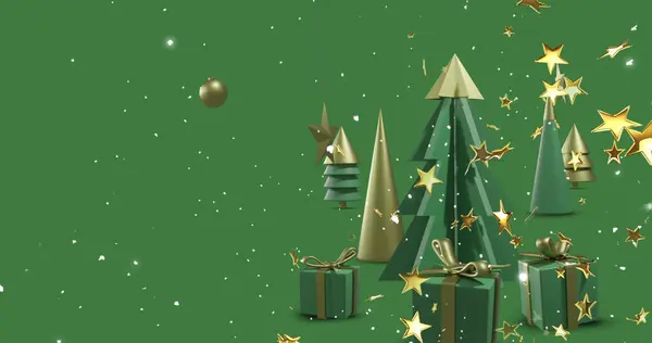 Bild Von Sternen Und Schnee Über Weihnachtsdekorationen Auf Grünem Hintergrund — Stockfoto