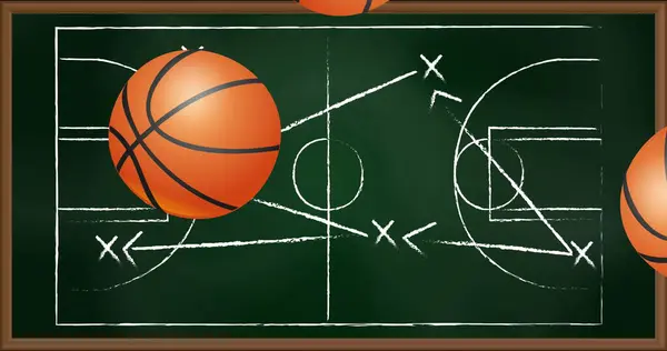 Image of basketballs over drawing of game plan. sports and competition concept digitally generated image.