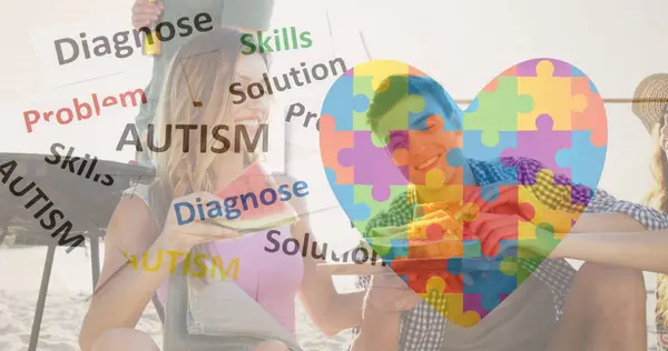 Kuva Värikkäistä Palapelin Palasista Sydän Yli Onnellisten Ystävien Kesärantabileissä Autismi — kuvapankkivalokuva