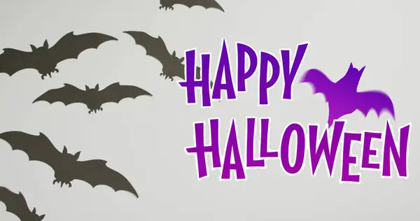 Happy Halloween Text Banner Bat Icon Multiple Bat Toys Grey — Stock Photo, Image
