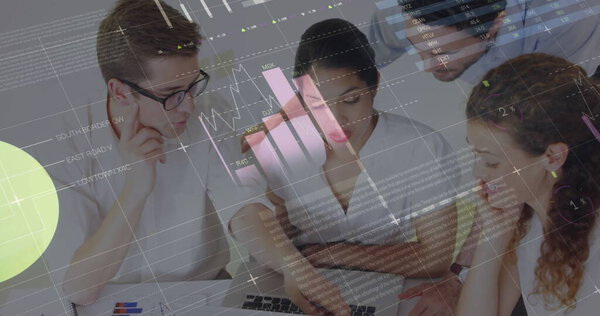 Image of statistics and financial data processing over business people in meeting. global business, connections and data processing concept digitally generated image.