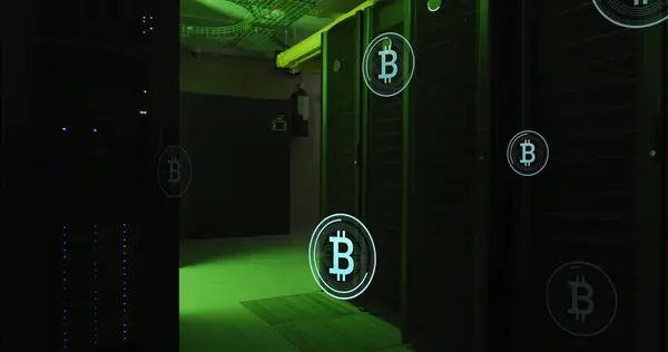 Image Multiple Bitcoin Symbols Floating Computer Server Room Cryptocurrency Business — Stock Photo, Image