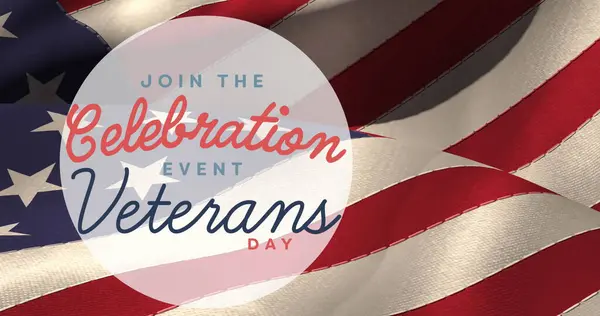 Composition of join the celebration event, veterans day text, over american flag. patriotism, independence, military and celebration concept digitally generated image.
