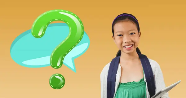 Image Green Question Mark Speech Bubble Asian Schoolgirl Trivia Day — Stock Photo, Image
