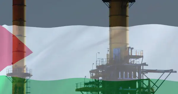 Изображение Нефтяной Платформы Над Флагом Палестина — стоковое фото