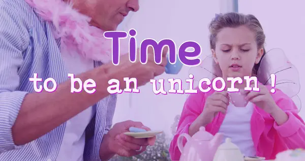 Image Time Unicorn Text Happy Caucasian Father Daughter Playing International — Stock Photo, Image