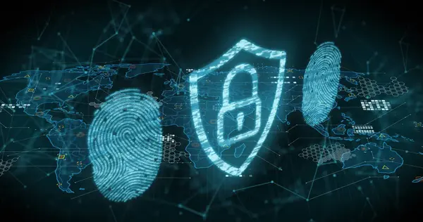 Image of online security padlock, biometric fingerprints, data processing over world map. global connections and data processing concept digitally generated image.