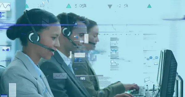 Image Data Processing Graphs Appearing Multi Ethnic Group Call Centre — Stock Photo, Image