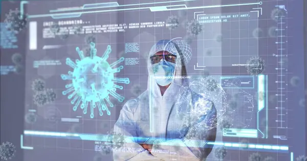 Image of virus cells and digital interface over male doctor wearing face mask. global medicine, healthcare and technology during covid 19 pandemic concept digitally generated image.