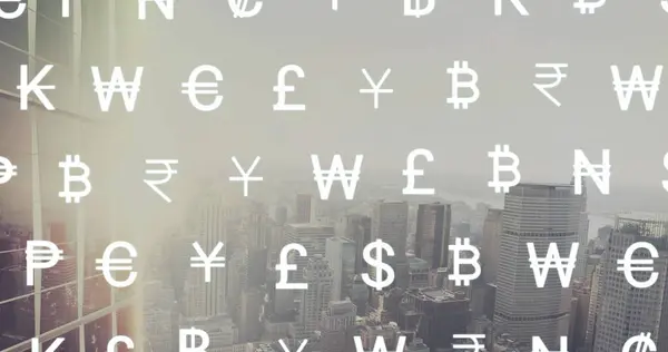 Image of currency symbols over city. Global business and digital interface concept digitally generated image.