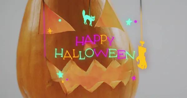 Neón Feliz Halloween Banner Texto Sobre Halloween Calabaza Miedo Sobre — Foto de Stock